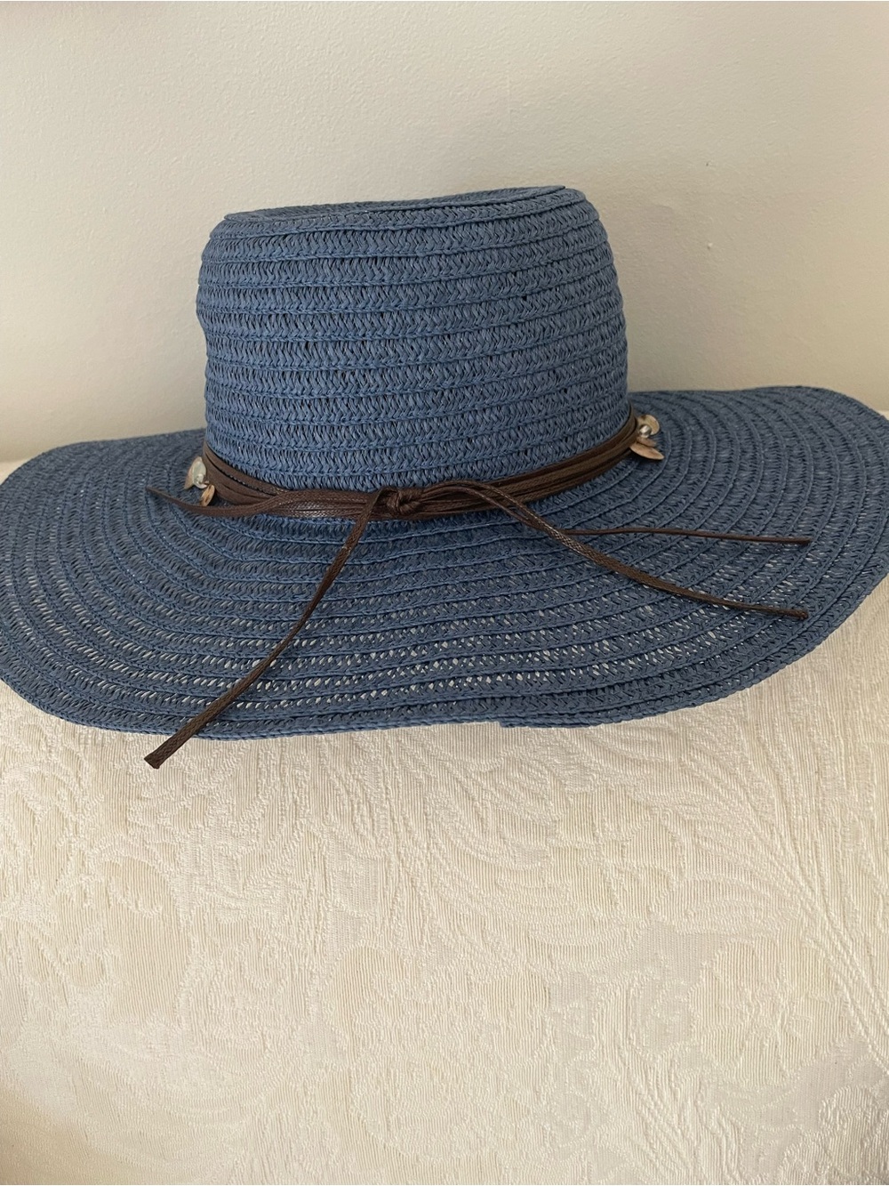 Blue Wide-Brim Straw Sun Hat with Brown Tie Trim